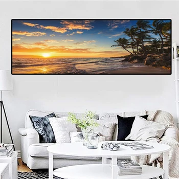 Západy slunce, Přírodní Mořské Pláži Palm Panoramatické Krajinářské Umění Malířské Plátno Plakáty, Tisky Wall Art Obraz, pro Home Deco