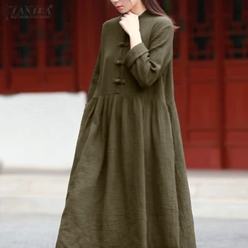 ZANZEA Šaty Ženy 2021 Podzim Dlouhý Rukáv Plášť Femme Dámy Čínský Styl Vestidos Ležérní Dlouhé Maxi letní Šaty Plus Velikosti 5XL