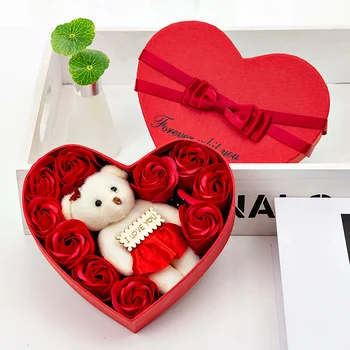 10 Srdce-tvar Mýdlo Květ Dárkový Box Valentines Day Vonící Okvětní Lístky růží s Medvědí Vánoce, Narozeniny, Svatební Dar Pro Přítelkyni