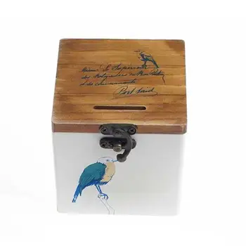 1ks Retro Prasátko Dřeva kasička Úspora Pot Treasure Box s Otvorem Zámek (Modrý Pták)