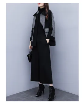 2019 Podzim Zimní Černý Vlněný Dvoudílné Sety Oblečení Ženy Plus Velikost Kostkované Kabát + Široké Nohy Kalhoty, Obleky, Elegantní Módní Sady