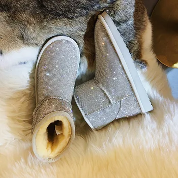 2019 Zimní Teplé Boty Ženy Kamínky Kozačky S Kožešinou Krystaly Ženy botas mujer Dámy Kotníkové Boty Dlouho Plush Silver