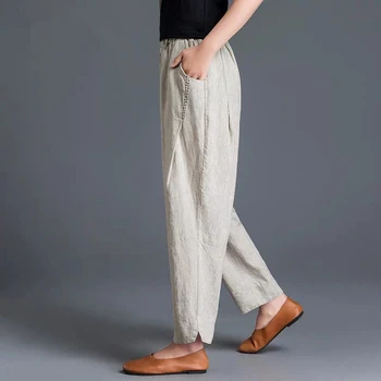 2020 Jaro Léto Nové Umění Styl Ženy Elastický Pás Harem Kalhoty Plus Velikost Vintage Bavlněné Povlečení Volné Ležérní Kalhoty S879