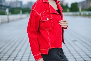 2020 módní značky byl hubený jediného breasted džínové bundy ženy Štíhlé krátké college styl červená bunda wj2706 dropship