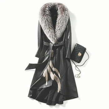2020 Podzim A v Zimě Nový Kožený Kabát Dámské Dlouhé Over-The-Koleno Slim Plus Velikost Fox Kožešiny Kabát Ženy Vynosit Trend L84
