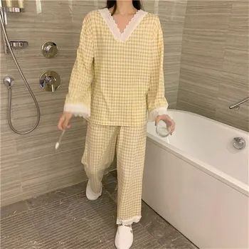 2020 ženy v krku kostkované pyžamo sady krajkové manžety rukáv kalhoty domácí oblek mujer pijama pyžamo jaro podzim prádlo L019