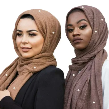 2021 Módní muslimské bavlna, vráska šátek hidžáb prostý islámské perly hlavu šátek šátky a osnovní turban fulárových femme musulman