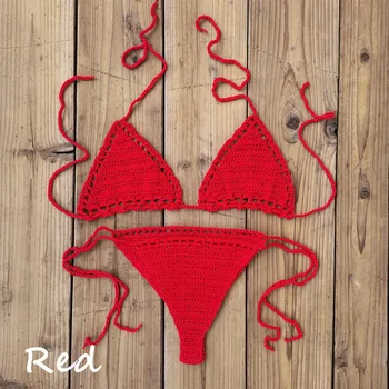 4 Barevné Ručně Háčkování Sexy Červené Bikiny Ženy Plavky Sexy Mikro Pláži Opalování Spodní Prádlo Set