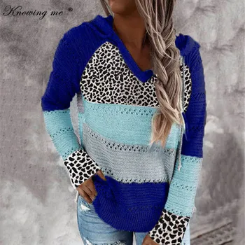 5XL Leopard pletené svetr Ženy zimě sexy V Krku patchwork s Kapucí svetr Ženy Podzim dlouhý rukáv svetry topy kintwear