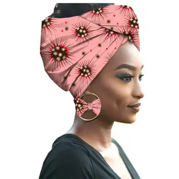 Africký Tisk Ženy Hlavu Šátek Bavlna S Odpovídající náušnice Kukla Šátek Bandana Mujer Čelenka Set Vlasové Doplňky