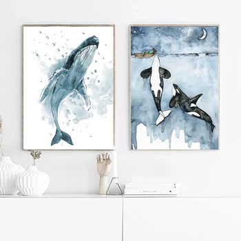 Akvarel Velryba Zvíře Plakát Abstraktní Modré Moře Krajiny Malířské Plátno Cuadros Umění Zdi Obrázky Nordic Obývací Pokoj Dekor