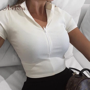 ArtSu Ženy Sexy Zip T-shirt 2019 Nový Stojící Límec Pevné Pletené Crop Topy Slim Fit Topy Krátký Rukáv T-košile ASTS60285