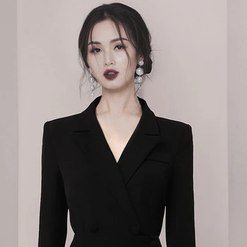 Banulin 2020 Nové Módní Jarní Černá Single-breasted Ženy Oblékat Korea Vroubkované Asymetrie Šaty OL Formální Obchodní Vestidos