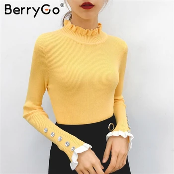 BerryGo Černé rozcuchané ženy pletený svetr Dlouhý rukáv pruhované tlačítko ženské svetr jumper Želva krku úřadu dámské svetry
