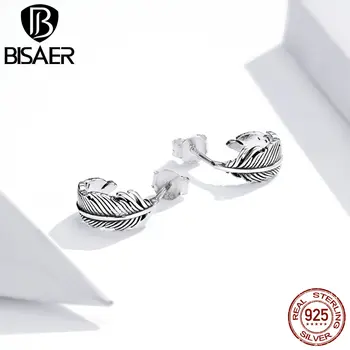 BISAER Retro Péřové Náušnice, 925 Sterling Silver Jednoduché Náušnice pro Ženy Módní Šperky Dárkové ECE923