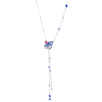 Blue & Pink Ventilátoru Y-Náhrdelník Collier pro Ženy Módní 925 Sterling Silver Náhrdelník Collier Ženské Šperky Náhrdelníky