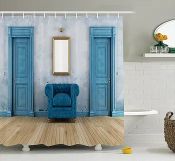 Blue Sprchový Závěs Starožitný Prázdné Místnosti s Dvěma Dveřmi Křeslo a Jednoduché Zrcadlo se Zlatou Barvou Rámu Tkaniny Vana Set