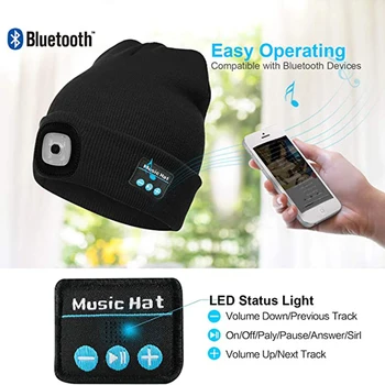 Bluetooth 5.0 Sluchátka Hudební Čepice Fleece Beanie s Vestavěný Reproduktor Stereo, LED Světla, Sportovní Čepice pro Běh, Jogging jízda na Kole
