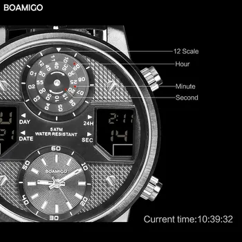 BOAMIGO Muži Quartz Hodinky 3 časové pásmo kreativní LED Digitální Sportovní Hodinky Mužské Kožené náramkové hodinky muži Hodiny Relogio Masculino