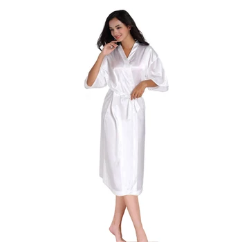 Bílé Dámské koupací Plášť Kimono Noční košile Lady Umělé Hedvábí Yukata noční Košile Sleepshirts oblečení na Spaní Mujer Pijama Plus Velikost Htg02