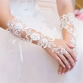 Bílé Krátké Svatební Rukavice Dámské bez Prstů Svatební Rukavice Elegantní Drahokamu Bílé Krajkové Rukavice pro svatební Svatební Doplňky
