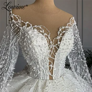 Bílé Svatební Šaty Roku 2020 Vestido De Noiva Krajky Korálkové Dlouhé Rukávy Princezna Svatební Šaty Ručně Šité Perly Svatební Šaty Róby
