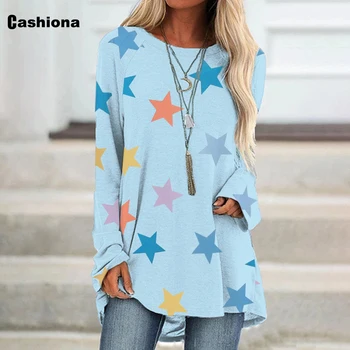 Cashiona Plus velikosti Ženy Elegantní Volný čas Ležérní tričko Model Star Print Jersey Oblečení 2021 Letní Volné Tees triko Femme 5XL