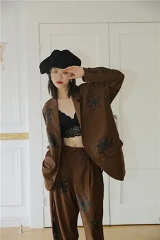 CHEERART Brown Blejzr Ženy Bundy Jaro Podzim Neformální Květinové Tisk Volné Sako korejské Kabát Móda Podzim 2020