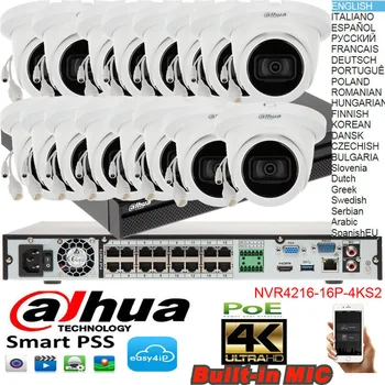 Dahua mutil jazyk 4K H. 265 NVR4216-16P-4KS2 16ch POE IP Camera kit s IPC-HDW2431T-JAKO audio Systém Bezpečnostní Kamera kit