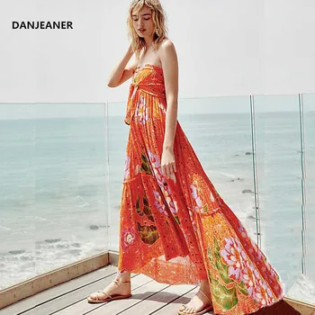 DANJEANER Letní Šaty 2019 Dámské Bohémský Off Rameno Květinové tisk Dlouhé Šaty Sexy bez Ramínek Šifon Beach Šaty