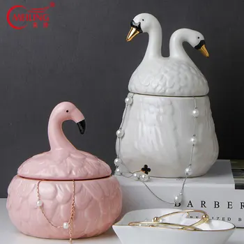 Dekorativní Keramické Labuť Flamingo Trinket Box Skladovací Nádoby Organizér Vanity Toaletní Stolek Obývací Pokoj, Příslušenství, Domácí Výzdoba Dárek