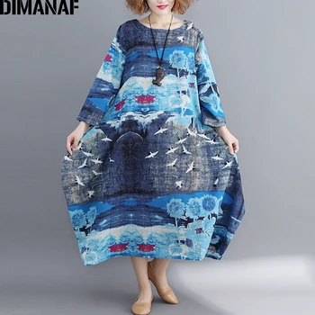 DIMANAF Dámské Šaty Velké Velikosti Povlečení Vintage Print Ženy Oblečení Dámské Elegantní Vestido Volné Dlouhý Rukáv Šaty Podzim 2018