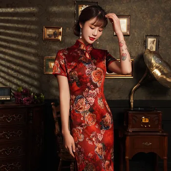 Dlouhé Styl Hladké Saténové Červené Cheongsam Qipao pro Ženy, Čínské Tradiční Šaty Orientální Asijské Nový Rok Svatební Šaty