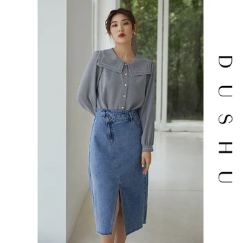 DUSHU Plus velikost dlouhé vysokým pasem denim sukně Dámské sexy rozdělit střapcem třásně elegantní džíny sukně Modrá dámská vintage-line sukně