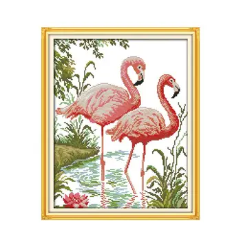 Dva flamingo zvířecí vzor cross stitch kit, flamingo pást na jezero ruční vyšívání DMC vyšívací nit malování