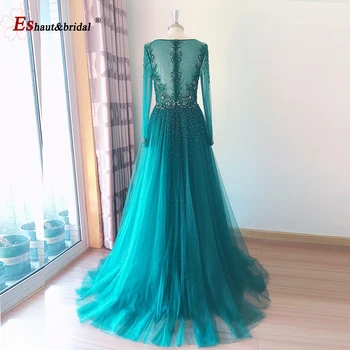 Elegantní Mořská panna Večerní Šaty pro Ženy 2020 Zelené Dlouhé Rukávy V Krku Luxusní Crystal Tuttle Plus Velikost Formální Party Šaty