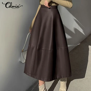 Elegantní Ženy A-Line Sukně PU Kožené Sukně Celmia 2021 Podzim Ležérní Volné Pevné Street sukně Plus Velikosti Úřadu Zip Sukně