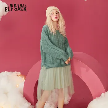 ELFSACK Solidní Čistý Kontrast Ok Ležérní Pletené Ženy 2-V-1 Šaty,2020 Zimní Patchwork Vintage Dámy Denní Šifon Šaty