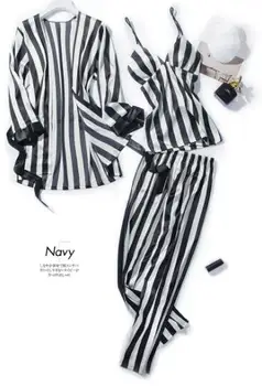 Fdfklak 3 ks pyžamo set módní pruhované hedvábí noční úbory žen jaro podzim dámské noční prádlo pyžama pyjama sady femme
