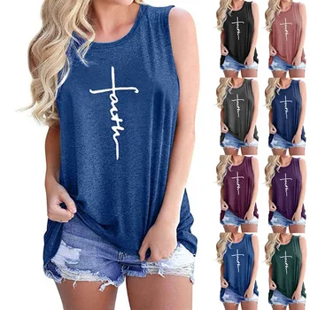 Grafické tee Nové módní ležérní dámské American hot styl dámy vesta faith dopis tisk kolem krku šaty bez rukávů t-shirt