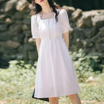 Heydress Vintage Šaty Ženy francouzské Puff Sleeve Náměstí Límec-line Pevné Šaty Ležérní korejský Styl Letní Šaty pro Ženy