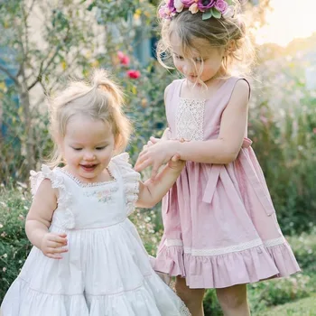Holčička Plisované šaty Roztomilý Luk bez Rukávů Geometrické růžové barvy 2-4 let letní Příležitostné děti, Kostým, Párty, dětské Oblečení