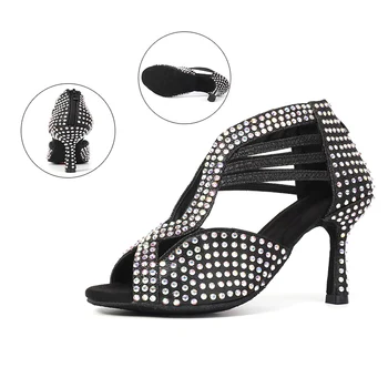 HROYL Nový Top Drahokamu Duté Latin taneční boty pro ženy, Tango pól taneční sál taneční boty vysoké podpatky 5-9cm měkké módní 2020