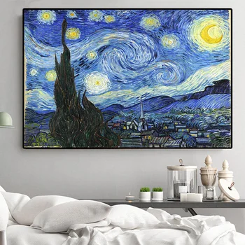 Impresionistické Van Gogh Hvězdná Noc olejomalba Reprodukce na Plátně, Plakáty a Tisky Umění Zdi Obraz pro Obývací Pokoj