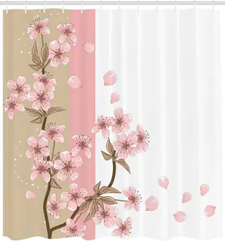 Japonské Sprchový Závěs Romantické Sakura Květy, Květiny, Okvětní Lístky, Jaro, Vítr Východní Příroda Tkaniny Tkaniny Koupelna Dekor