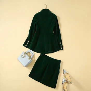 Jarní Podzimní High Street Stylové Ženy Ohromující Sametové Oblečení, Pevné Zelené Sako Mini Sukně Kvality Dvou Kusů Sad