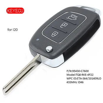 Keyecu Flip Vzdálené Klíče Fob 3 Tlačítko 433MHz ID46 Čip pro Hyundai I20-2016 P/N:95430-C7600