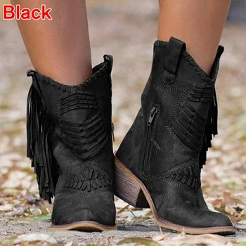 Klasický Střapec Západní Kovbojské Boty pro Ženy Kožené Cowgirl Boty Nízké Podpatky Boty Kolena Vysoké Zimní Boty Zapatos De Mujer