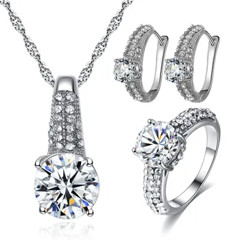 Kouzlo Ženské Bílé Crystal Šperky Set, Elegantní Stříbrné Barevné Klip Náušnice Pro Ženy, Roztomilé Kulatý Zirkon Svatba Řetěz Náhrdelník, Prsten