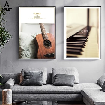 Kytaru, Klavír Retro Hudební Nástroj Canvas Tisky & Plakáty Vinyl Bicích Malování Wall Art Obraz pro Obývací Pokoj Ložnice Dekor
